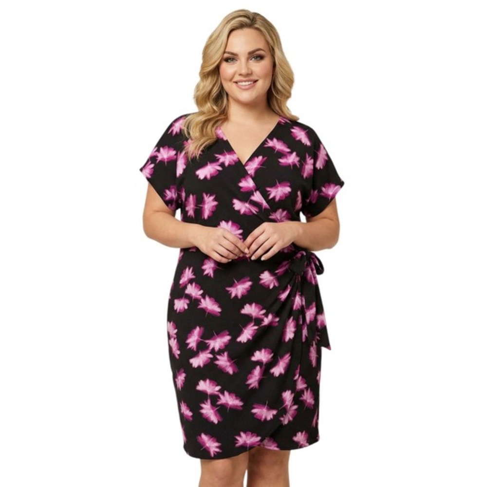 Ava & Viv Womens 2X Black Pink Leaf Print Faux Wrap Dress Short Sleeve V-Neck‎